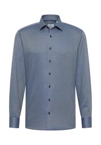 Lange mouw overhemd met knopen in donkerblauw met een geometrisch patroon, voorzien van een button-down kraag en donkerblauwe knopen.