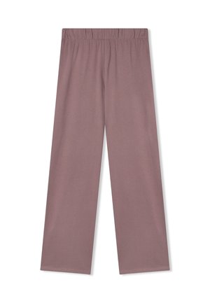 Pantaloni a gamba larga di un colore mauve smorzato, realizzati in tessuto morbido, con una vita elasticizzata e un design semplice senza motivi o dettagli.