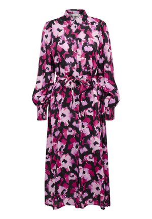 Langärmliges Hemdkleid in lebhaftem Pink mit einem schwarzen und weißen Blumenmuster. Verfügt über eine Knopfleiste, eine taillierte Taille mit einem Gürtel und geraffte Ärmel.