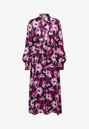 Rochie cămașă cu mâneci lungi, într-un model floral vibrant de roz, negru și alb. Prezintă o închidere cu nasturi în față, talie strânsă cu o curea și mâneci anghile.