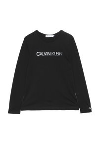 Svart långärmad skjorta i bomull med rund halsringning och "CALVIN KLEIN" logotyp i vitt på framsidan. Anmärkningsvärd detalj på ärmen.