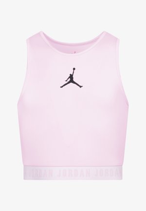 Roza kratka majica iz gladkega materiala z okroglim izrezom in črnim logojem Jumpman na sredini prsnega dela. Ima bele znamkaste robove.