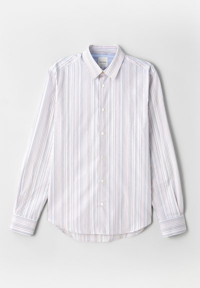 Lengvas mygtukų marškinėliai su vertikaliomis juostelėmis baltos, mėlynos ir raudonos spalvų. Turi klasikinį apykaklę ir ilgomis rankovėmis, apvalų kraštą.