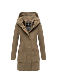 Long manteau à capuche marron kaki avec poches avant, fermeture éclair et fermeture à boutons-pression, et étiquette de marque visible à l'intérieur du col.