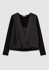 Haut cache-cœur noir en tissu lisse, présentant des manches longues, un décolleté en V profond et un ourlet légèrement froncé pour plus de structure.