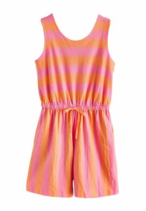 Sleeveless girls' romper with pink and orange horizontal stripes and a drawstring waist.