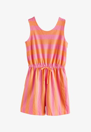Mouwloze meisjes romper met roze en oranje horizontale strepen en een trekkoord in de taille.
