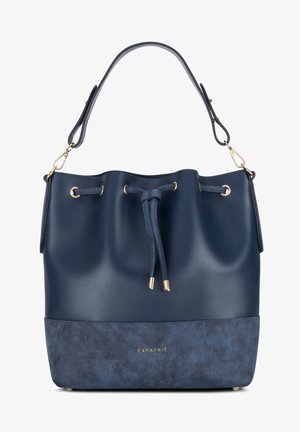 Granatowa skórzana torba w kształcie wiadra z teksturowanym dolnym panelem, złotymi akcentami, oraz zapięciem na sznur. Posiada pojedynczy pasek.