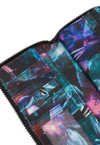 Zippered wallet with a vibrant, abstract pattern featuring blues and purples, multiple card slots, and a textured fabric finish.
