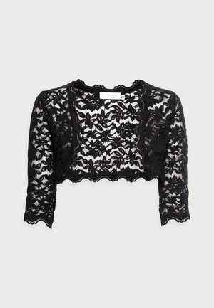 Black lace crop jacket featuring a scalloped hem, long sleeves, and intricate floral patterns. Lightweight, sheer texture.