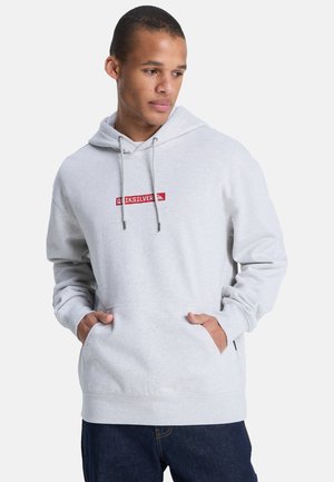 Light gray hoodie made from soft fabric, features a kangaroo pocket, drawstring hood, and a red rectangular logo on the chest.