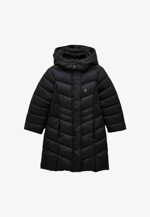 Palton de iarnă negru, lung, matlasat, cu glugă, panouri elastice laterale, fermoar frontal și închidere cu capse la gât.