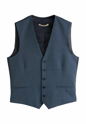 Maßgeschneiderte Herrenweste in Dunkelblau, formell, mit fünf Knöpfen und zwei vorderen Paspeltaschen, flach auf weißem Hintergrund präsentiert.