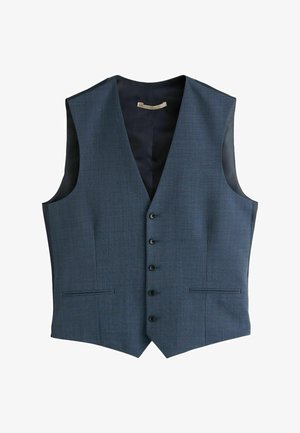 Maßgeschneiderte Herrenweste in Dunkelblau, formell, mit fünf Knöpfen und zwei vorderen Paspeltaschen, flach auf weißem Hintergrund präsentiert.