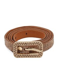 Cintura in pelle marrone decorata con strass marrone chiaro lungo tutta la lunghezza, dotata di una fibbia rettangolare dorata con perno.