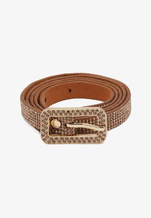 Cintura in pelle marrone decorata con strass marrone chiaro lungo tutta la lunghezza, dotata di una fibbia rettangolare dorata con perno.