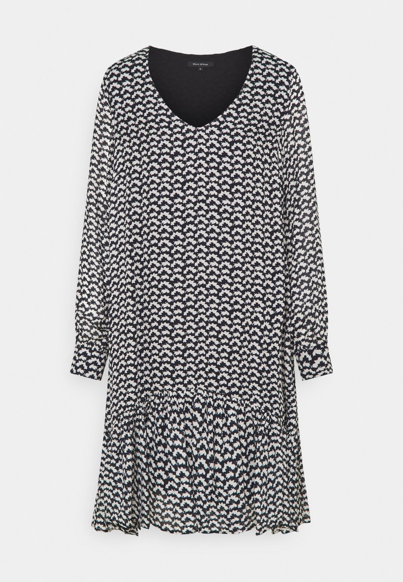 Robe à manches longues noire et blanche avec col en V, motif abstrait petit et ourlet à volants froncés.