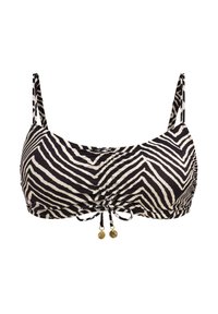 Bikini top in zebrapatroon met zwart-witte strepen, verstelbare strikjes met gouden accenten en spaghettibandjes. Glad stofoppervlak.