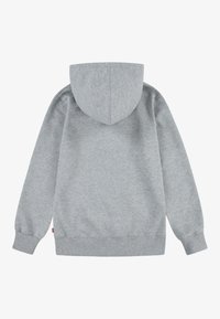 Sudadera gris claro con capucha regulable, puños y dobladillo de canalé, hecha de una suave mezcla de algodón, con una etiqueta en el lado inferior.