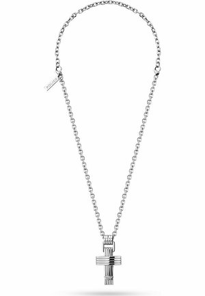 Silver chain necklace featuring a geometric cross pendant with horizontal and vertical lines, polished finish, and a branded tag.