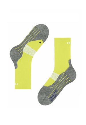 Paar knielanger Socken in leuchtendem Gelb und Grau mit gestreiften Details und Text, der die rechte Socke und Größe auf weißem Hintergrund angibt.