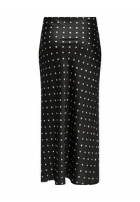 Jupe en satin noir avec un design trapèze à pois blancs, longueur mi-mollet, texture lisse et taille ajustée.