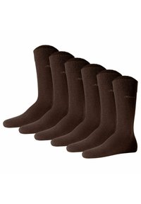 Calcetines de algodón marrón, paquete de seis, con parte superior acanalada y punteras sin costuras para mayor comodidad. Textura y color uniformes con un sutil detalle de marca.