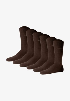 Calze di cotone marroni, confezione da sei, con bordi a coste e punte senza cuciture per il comfort. Texture e colore uniformi con un sottile dettaglio di branding.