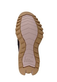 Suela de zapato de goma con un patrón de tracción en zigzag, que presenta una plantilla de color rosa claro y una capa exterior marrón. Logo en relieve de un oso visible.