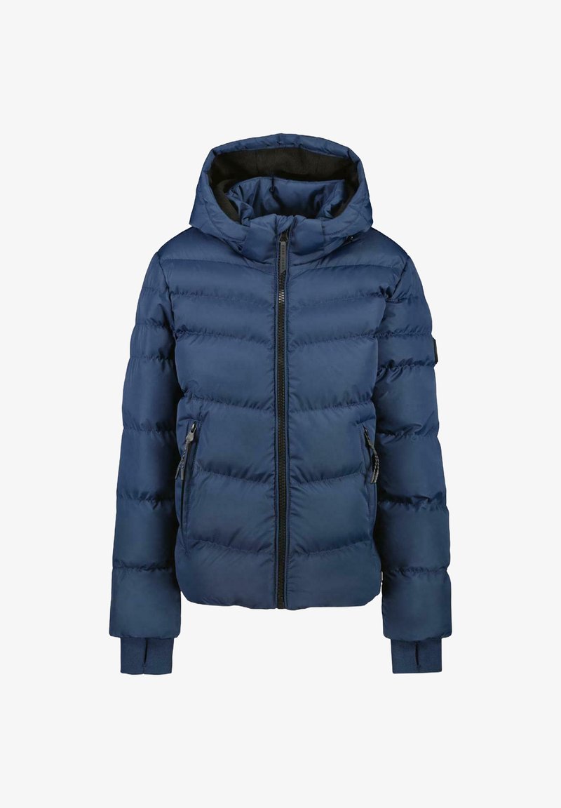 Dark blue puffer jacket with a hood, featuring zippered front and side pockets, displayed against a white background.