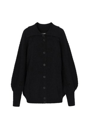 Cardigan nero lavorato a maglia con colletto, sette bottoni frontali e maniche a sbuffo, caratterizzato da dettagli testurizzati sulle spalle.