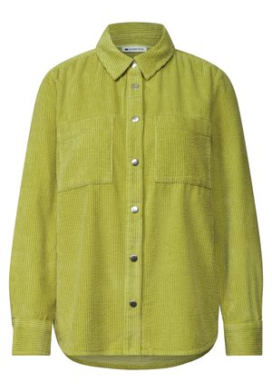 Chemise en velours côtelé vert clair à manches longues, col, fermeture boutonnée devant et deux poches poitrine.