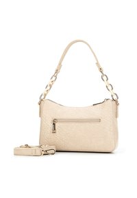 Sac à main en cuir beige avec une finition texturée, doté d'une poche zippée, d'une poignée accentuée de chaîne et d'une bandoulière amovible.