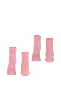 Rosa Socken mit einer glatten Textur, einem einfarbigen Design und einem Punktmuster auf einem Paar. Gerippte Bündchen für einen sicheren Sitz.