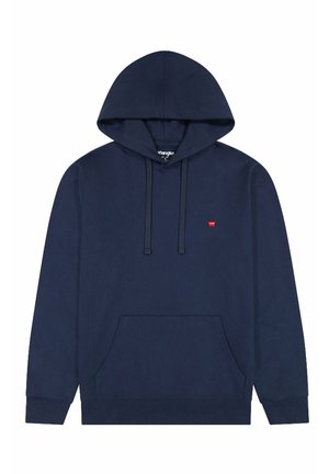 Navy blue hoodie with a large front pocket, drawstring hood, and small red logo on the chest. Made from soft, textured fabric.