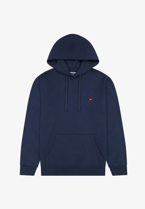 Navy blue hoodie with a large front pocket, drawstring hood, and small red logo on the chest. Made from soft, textured fabric.