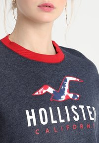 Námořnický svetr s červeným žebrovaným límcem, který je zdoben barevným logem orla a textem "HOLLISTER CALIFORNIA" v bílé a červené barvě. Hladký povrch.
