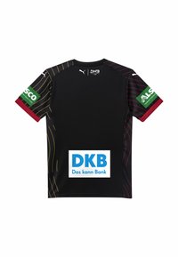Zwarte sporttrui met korte mouwen, versierd met gele lijnen, rode accenten en sponsorlijnen. Inclusief DKB-branding die prominente aandacht krijgt.