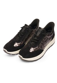 Pair of black and gray leopard print sneakers with suede toe caps, black laces, and white rubber soles angled right on a white background.