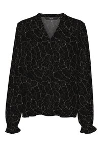 Blouse noire à manches longues avec un col en V, ornée d'un motif discret de feuilles beige. Tissu doux avec poignets froncés.