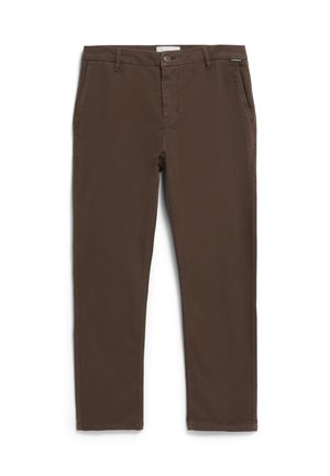Brown cotton pants with a straight leg design, button closure, and two side pockets; smooth texture and minimal detailing.