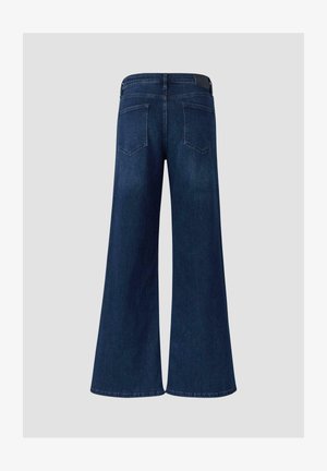 Donkerblauwe jeans met wijde pijpen en een hoge taille, voorzien van twee achterzakken en een gladde denimtextuur. Eenvoudig ontwerp met minimale metalen details.