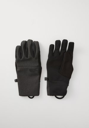 Sorte og mørkegrå handsker lavet af tekstureret stof, med et netafsnit, glat håndflade og løkker for sikker pasform.
