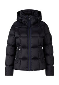 Námořnická puffer bunda s kapucí, se zipovým zapínáním, bočními kapsami a elastickými šňůrkami. Vyrobena z hladkého, lesklého materiálu.