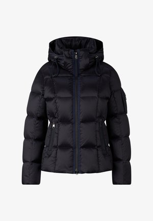 Granatowa kurtka puchowa z kapturem, z zamkiem błyskawicznym, bocznymi kieszeniami i elastycznymi sznurkami. Wykonana z gładkiego, błyszczącego materiału.