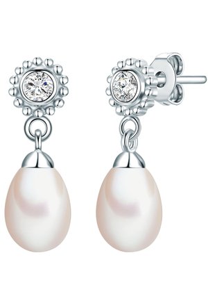 Pērļu auskari suvenyrinio sidabro tonu, su apvalių kubinių cirkonių akcentais ir glotna, ašarėlės formos perlų dizainu.