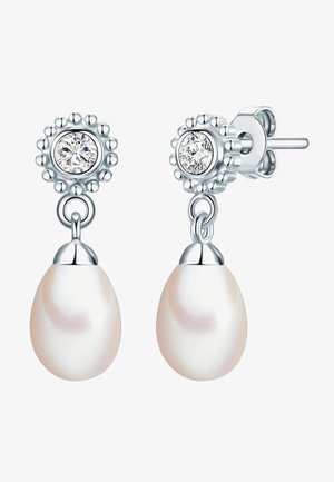 Pērļu auskari suvenyrinio sidabro tonu, su apvalių kubinių cirkonių akcentais ir glotna, ašarėlės formos perlų dizainu.