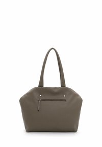 Gray leather tote bag with textured surface, two handles, and a front zip pocket. Features metallic accents and a spacious body.
