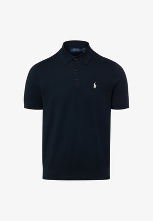 Polo a maniche corte blu navy con tre bottoni neri e logo ricamato bianco del giocatore di polo sul lato sinistro del petto.