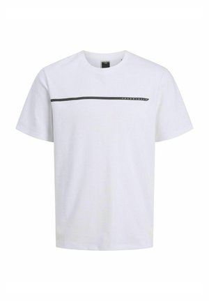Valkoinen lyhythihainen puuvillainen T-paita, jossa musta vaakasuora viiva rinnan kohdalla ja logoyksityiskohta. Suora leikkaus ja pyöreä pääntie.